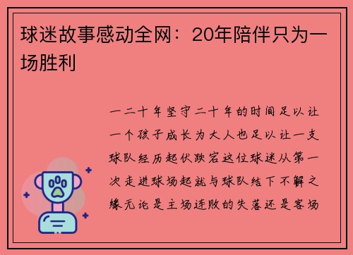 球迷故事感动全网：20年陪伴只为一场胜利