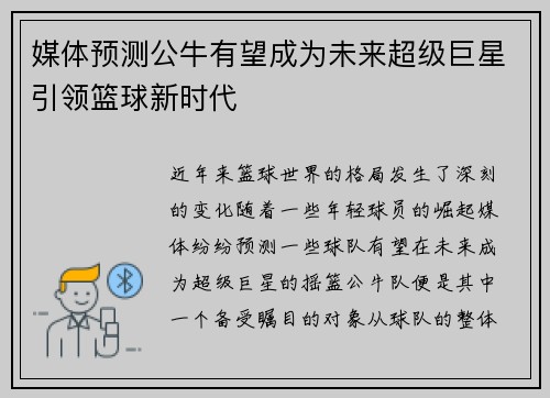 媒体预测公牛有望成为未来超级巨星引领篮球新时代